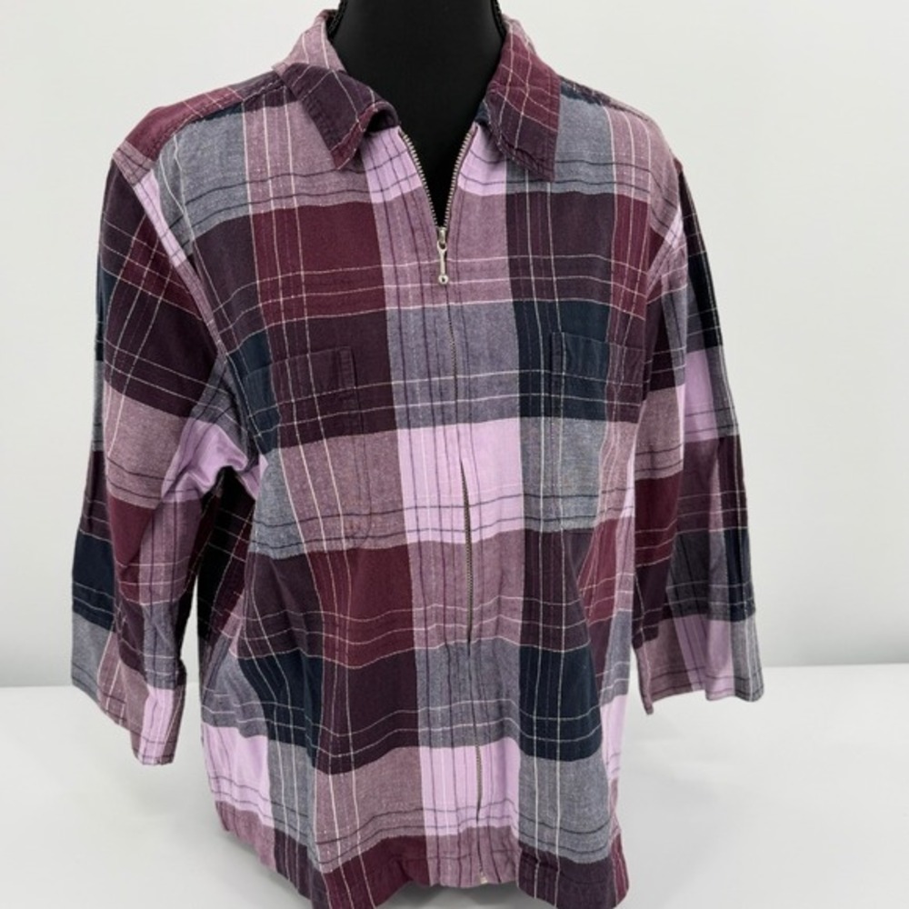 Plaid Zip Front Shirt Jacket Women's Large‎ Burgundy Pink Navy Cotton Grunge - Picture 7 of 11